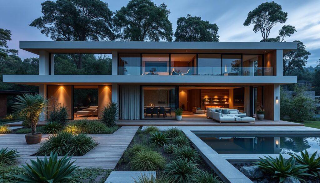 A contemporary villa nestled in a lush, sustainable landscape. Sleek, minimalist architecture with floor-to-ceiling windows that seamlessly blend indoor and outdoor spaces. Solar panels on the roof, rainwater harvesting systems, and energy-efficient appliances showcase cutting-edge green technology. In the airy, open-concept living area, natural materials like bamboo, stone, and reclaimed wood create a serene, nature-inspired ambiance. Soft, diffused lighting emanates from hidden fixtures, casting a warm, inviting glow. The spacious terrace overlooks a carefully curated garden oasis, complete with a reflecting pool and native flora. Overall, a harmonious fusion of modern design and environmentally conscious living. A contemporary villa nestled in a lush, sustainable landscape. Sleek, minimalist architecture with floor-to-ceiling windows that seamlessly blend indoor and outdoor spaces. Solar panels on the roof, rainwater harvesting systems, and energy-efficient appliances showcase cutting-edge green technology. In the airy, open-concept living area, natural materials like bamboo, stone, and reclaimed wood create a serene, nature-inspired ambiance. Soft, diffused lighting emanates from hidden fixtures, casting a warm, inviting glow. The spacious terrace overlooks a carefully curated garden oasis, complete with a reflecting pool and native flora. Overall, a harmonious fusion of modern design and environmentally conscious living.