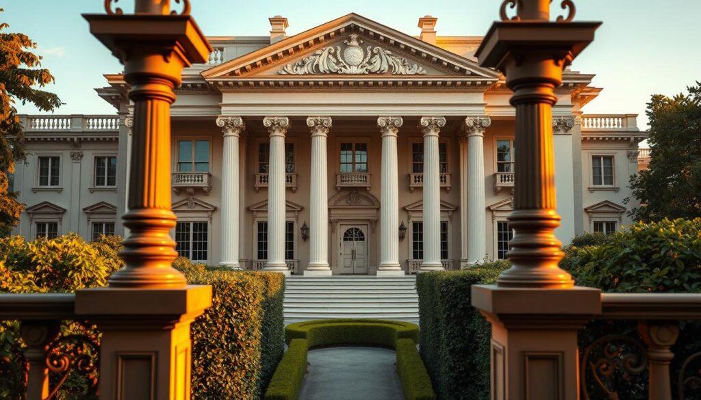 A grand neoclassical villa, its facade adorned with elegant columns, pediments, and intricate cornices. The lighting casts warm, golden hues, accentuating the symmetry and timeless grandeur of the architecture. In the foreground, ornate balustrades and wrought-iron details frame the scene, while in the background, a lush, manicured garden adds a sense of tranquility. The composition captures the essence of classical design, with a harmonious blend of classical proportions, decorative elements, and a serene, opulent atmosphere. A grand neoclassical villa, its facade adorned with elegant columns, pediments, and intricate cornices. The lighting casts warm, golden hues, accentuating the symmetry and timeless grandeur of the architecture. In the foreground, ornate balustrades and wrought-iron details frame the scene, while in the background, a lush, manicured garden adds a sense of tranquility. The composition captures the essence of classical design, with a harmonious blend of classical proportions, decorative elements, and a serene, opulent atmosphere.