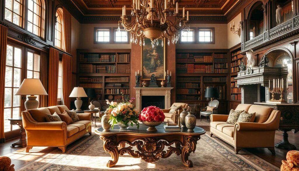 A luxurious villa's interior, bathed in warm, golden light streaming through large windows. In the foreground, an ornate chandelier casts a soft glow over a beautifully carved antique coffee table, adorned with lush floral arrangements and polished brass accents. In the middle ground, plush velvet sofas and armchairs invite relaxation, complemented by intricate tapestries and ornate vases on ornate side tables. The background features towering bookshelves filled with leather-bound volumes, and a grand fireplace mantel adorned with intricate sculptures and candelabras. The overall atmosphere exudes an elegant, timeless sophistication. A luxurious villa's interior, bathed in warm, golden light streaming through large windows. In the foreground, an ornate chandelier casts a soft glow over a beautifully carved antique coffee table, adorned with lush floral arrangements and polished brass accents. In the middle ground, plush velvet sofas and armchairs invite relaxation, complemented by intricate tapestries and ornate vases on ornate side tables. The background features towering bookshelves filled with leather-bound volumes, and a grand fireplace mantel adorned with intricate sculptures and candelabras. The overall atmosphere exudes an elegant, timeless sophistication.