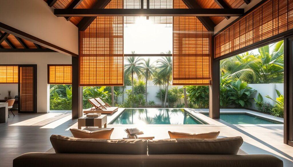 A serene Balinese villa showcasing the iconic indoor-outdoor living concept. In the foreground, a spacious, airy living room seamlessly transitions to a lush, tropical garden through large, open-framed windows. Sunlight filters through the slatted bamboo blinds, casting a warm, golden glow throughout the space. In the middle ground, a tranquil infinity pool reflects the surrounding greenery, while in the background, towering palm trees sway gently in the breeze. The overall atmosphere exudes a sense of relaxation and harmony, blending modern comforts with traditional Balinese design elements.