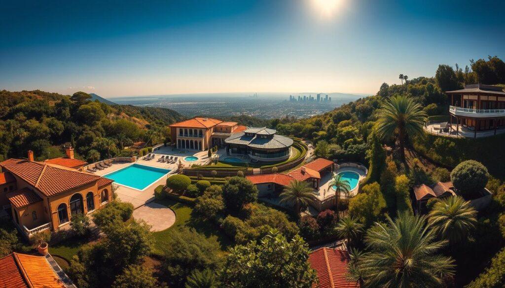 A sprawling panorama of the world's most magnificent villas, nestled amid lush, verdant landscapes. In the foreground, a stately Tuscan villa with sun-kissed terracotta roofs and grand, arched windows overlooking a sparkling azure pool. In the middle ground, a sleek, modern villa in the Hollywood Hills, its angular silhouette and floor-to-ceiling glass walls reflecting the vibrant city skyline. In the distance, a traditional Japanese ryokan, its tranquil gardens and wooden architecture evoking a sense of timeless elegance. Dramatic lighting illuminates the scene, casting dramatic shadows and highlights that emphasize the architectural details and natural beauty. This image captures the essence of the world's most iconic villas, showcasing the diverse styles and stunning settings that define residential design excellence. A sprawling panorama of the world's most magnificent villas, nestled amid lush, verdant landscapes. In the foreground, a stately Tuscan villa with sun-kissed terracotta roofs and grand, arched windows overlooking a sparkling azure pool. In the middle ground, a sleek, modern villa in the Hollywood Hills, its angular silhouette and floor-to-ceiling glass walls reflecting the vibrant city skyline. In the distance, a traditional Japanese ryokan, its tranquil gardens and wooden architecture evoking a sense of timeless elegance. Dramatic lighting illuminates the scene, casting dramatic shadows and highlights that emphasize the architectural details and natural beauty. This image captures the essence of the world's most iconic villas, showcasing the diverse styles and stunning settings that define residential design excellence.