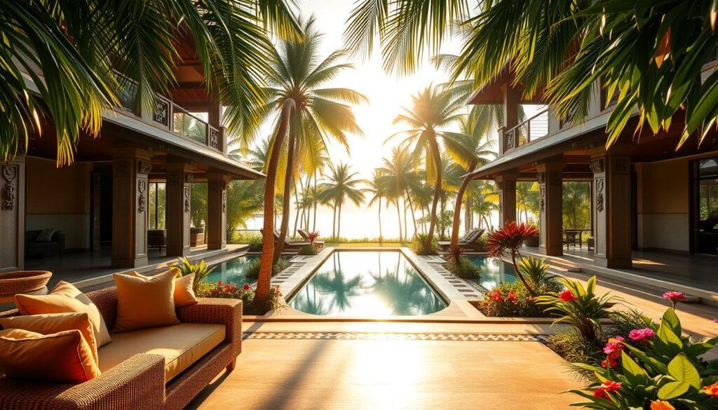 A stunning Balinese villa with an open-plan layout, bathed in warm, golden sunlight filtering through lush tropical foliage. In the foreground, a spacious living area with plush, rattan furniture and intricate wood carvings on the walls. The middle ground showcases a serene, reflective pool surrounded by ornate stone pathways and vibrant, flowering plants. In the background, towering palm trees sway gently, creating a serene, natural backdrop. The overall atmosphere exudes a sense of tranquility and harmony, perfectly embodying the essence of Balinese architecture and tropical living. A stunning Balinese villa with an open-plan layout, bathed in warm, golden sunlight filtering through lush tropical foliage. In the foreground, a spacious living area with plush, rattan furniture and intricate wood carvings on the walls. The middle ground showcases a serene, reflective pool surrounded by ornate stone pathways and vibrant, flowering plants. In the background, towering palm trees sway gently, creating a serene, natural backdrop. The overall atmosphere exudes a sense of tranquility and harmony, perfectly embodying the essence of Balinese architecture and tropical living.
