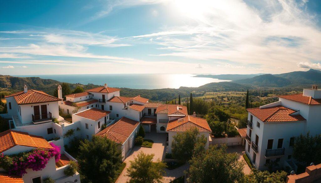 A stunning panoramic view of iconic Mediterranean villas nestled against a backdrop of azure skies and azure seas. In the foreground, meticulously crafted whitewashed structures with terracotta tile roofs and bougainvillea-draped balconies. Mid-ground, charming courtyards and cobblestone pathways, while in the distance, rolling hills and olive groves. Warm, golden sunlight filters through wispy clouds, casting a soft, romantic glow over the scene. The camera captures this idyllic landscape from a high vantage point, showcasing the architectural harmony and timeless beauty of these timeless Mediterranean villa estates.