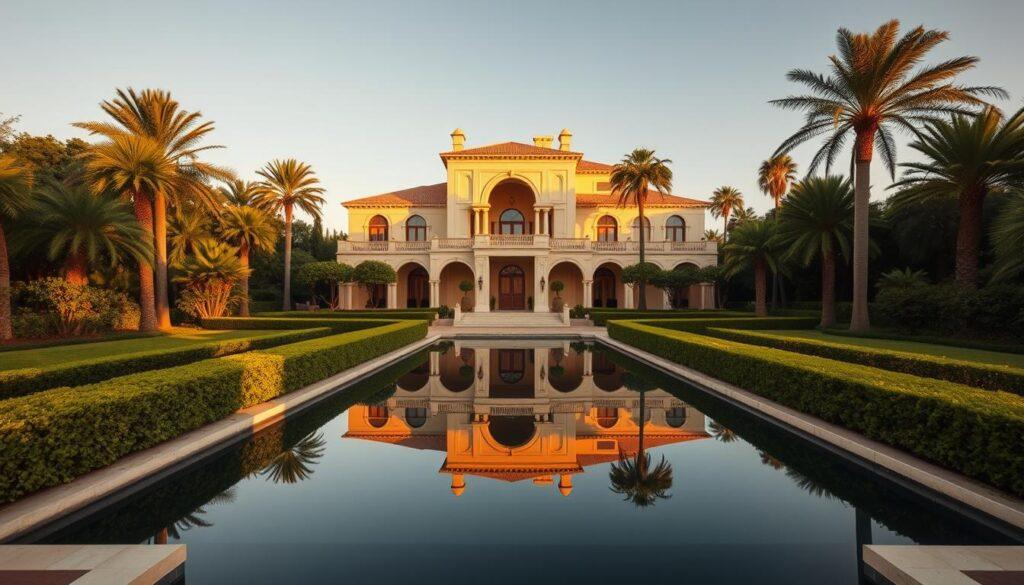 Architectural masterpieces, standing tall as icons of residential design. A grand villa nestled amidst lush gardens, its elegant facade bathed in the warm glow of the golden hour. Sweeping arches, intricate details, and a harmonious blend of classical and modern elements. The villa's silhouette is mirrored in a tranquil reflecting pool, creating a serene and captivating scene. Manicured hedges and towering palm trees frame the composition, lending a sense of timeless sophistication. Soft, diffused lighting casts long shadows, accentuating the villa's architectural prowess and the surrounding natural beauty. This is a testament to the genius of residential design, a true masterpiece that inspires wonder and admiration.