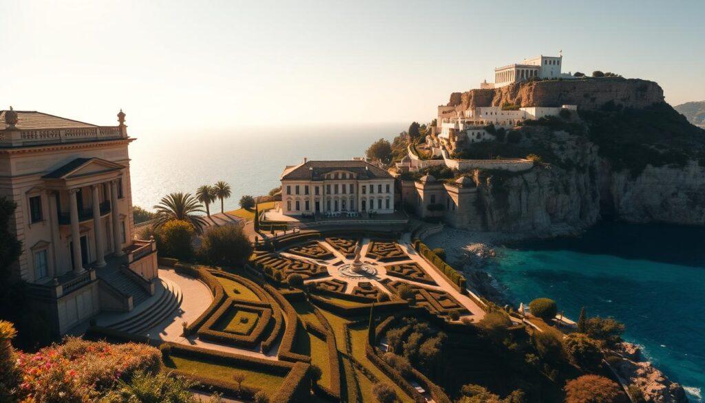 Iconic villas around the world, a panoramic view capturing their grandeur and timeless elegance. In the foreground, a meticulously maintained Italian villa with its ornate facade and terraced gardens cascading down a hillside. In the middle ground, a stately French chateau surrounded by manicured parterres and fountains. In the distance, a whitewashed Grecian villa perched atop a rugged cliff, overlooking the cerulean waters of the Mediterranean. Warm, golden sunlight illuminates the scene, casting long shadows and enhancing the timeless beauty of these architectural masterpieces. A wide-angle lens captures the sweeping vista, inviting the viewer to imagine the opulent lifestyles within these iconic homes.