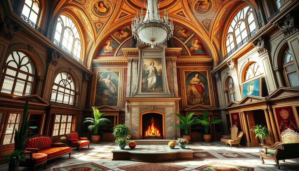 Opulent Renaissance interior with grand vaulted ceilings, ornate frescoed walls, and intricate marble floors. Sunlight streams through large arched windows, casting a warm glow over the lavish furnishings - plush velvet upholstery, gilded accents, and antique wooden furniture. A massive stone fireplace dominates the center, its crackling flames casting dancing shadows. Lush potted plants and vibrant tapestries add pops of color, while a magnificent chandelier hangs overhead, its crystal prisms refracting the light. The scene exudes an atmosphere of refined elegance and aristocratic grandeur, reflecting the luxurious lifestyle of the Renaissance era. Opulent Renaissance interior with grand vaulted ceilings, ornate frescoed walls, and intricate marble floors. Sunlight streams through large arched windows, casting a warm glow over the lavish furnishings - plush velvet upholstery, gilded accents, and antique wooden furniture. A massive stone fireplace dominates the center, its crackling flames casting dancing shadows. Lush potted plants and vibrant tapestries add pops of color, while a magnificent chandelier hangs overhead, its crystal prisms refracting the light. The scene exudes an atmosphere of refined elegance and aristocratic grandeur, reflecting the luxurious lifestyle of the Renaissance era.