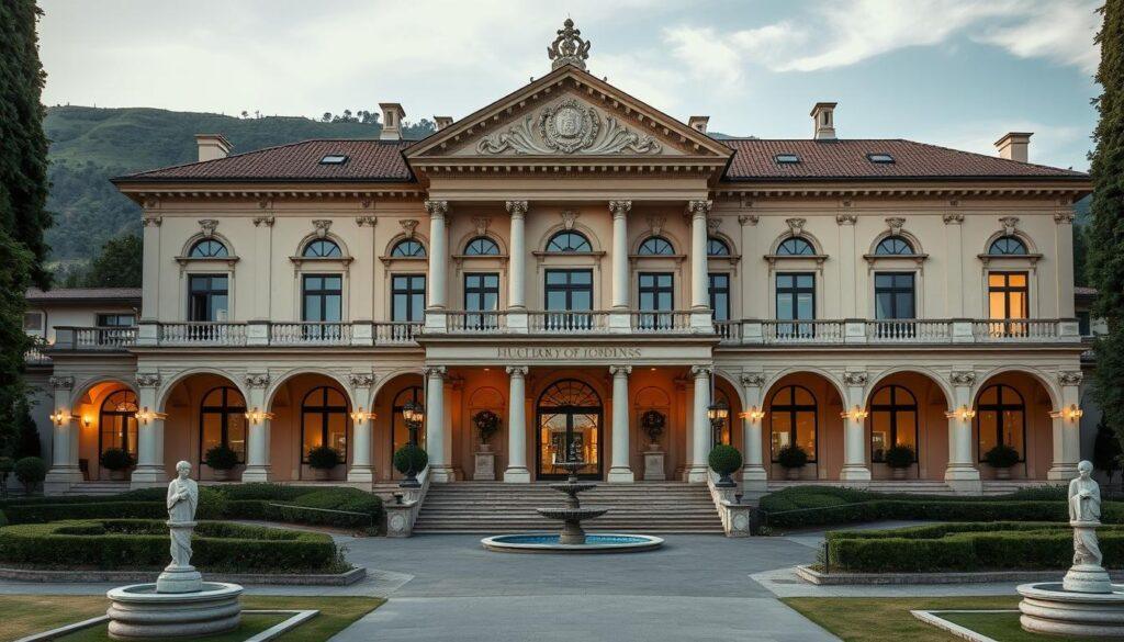 Palladian villa architecture, a masterful blend of Renaissance elegance and classical grandeur. A symmetrical facade with ornate pediments, columns, and arched windows, bathed in soft, warm lighting. The villa sits atop a rolling hillside, surrounded by manicured gardens and tranquil fountains. Intricate details, such as ornate cornices and intricate stone carvings, create a sense of timeless sophistication. A wide, inviting entryway leads to a grand, airy interior, where natural light floods through large windows. The overall composition evokes a harmonious balance of proportion and design, a quintessential representation of the Palladian architectural style. Palladian villa architecture, a masterful blend of Renaissance elegance and classical grandeur. A symmetrical facade with ornate pediments, columns, and arched windows, bathed in soft, warm lighting. The villa sits atop a rolling hillside, surrounded by manicured gardens and tranquil fountains. Intricate details, such as ornate cornices and intricate stone carvings, create a sense of timeless sophistication. A wide, inviting entryway leads to a grand, airy interior, where natural light floods through large windows. The overall composition evokes a harmonious balance of proportion and design, a quintessential representation of the Palladian architectural style.
