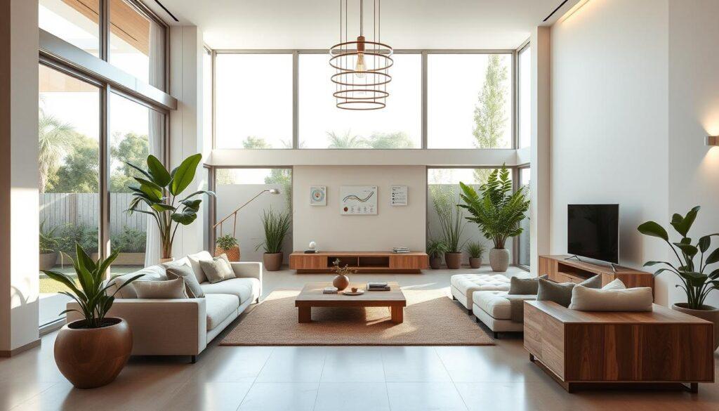 A contemporary, eco-friendly villa interior with smart climate control. The spacious living area features floor-to-ceiling windows that flood the room with natural light, casting a warm, inviting ambiance. Sleek, minimalist furnishings in neutral tones create a calming, harmonious atmosphere. Integrated smart climate sensors regulate temperature, humidity, and air quality, ensuring maximum energy efficiency and comfort. A central control panel allows seamless management of the villa's sustainable systems. Strategically placed greenery and natural materials, such as wood and stone, blend the interior with the surrounding landscape. Elegant pendant lighting and subtle accent lighting enhance the sophisticated, modern aesthetic. An overall sense of balance, functionality, and environmental consciousness permeates the space. A contemporary, eco-friendly villa interior with smart climate control. The spacious living area features floor-to-ceiling windows that flood the room with natural light, casting a warm, inviting ambiance. Sleek, minimalist furnishings in neutral tones create a calming, harmonious atmosphere. Integrated smart climate sensors regulate temperature, humidity, and air quality, ensuring maximum energy efficiency and comfort. A central control panel allows seamless management of the villa's sustainable systems. Strategically placed greenery and natural materials, such as wood and stone, blend the interior with the surrounding landscape. Elegant pendant lighting and subtle accent lighting enhance the sophisticated, modern aesthetic. An overall sense of balance, functionality, and environmental consciousness permeates the space.