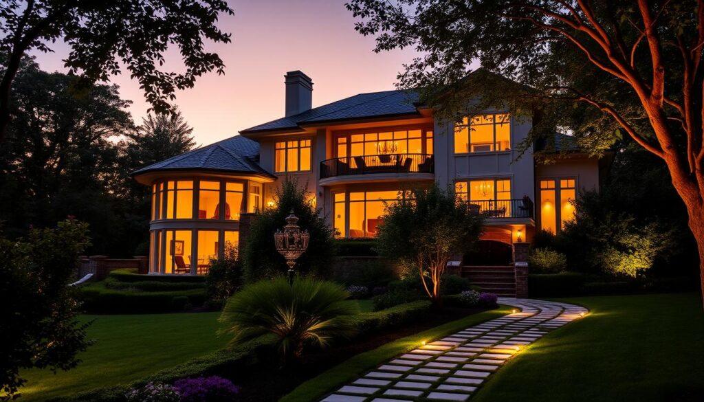 A grand villa nestled amidst lush greenery, its facade illuminated by warm, golden lights as the sun dips below the horizon. The living room windows showcase a cozy, inviting interior, where a mix of ambient, task, and accent lighting create a seamless transition from day to night. Elegant chandeliers and sconces cast a soft, diffused glow, while discreet recessed lights highlight architectural details and artwork. Exterior path lighting guides the way, creating a welcoming atmosphere. A blend of natural and artificial illumination, harmoniously integrated, showcases the villa's sophisticated design and ensures a tranquil ambiance, day or night. A grand villa nestled amidst lush greenery, its facade illuminated by warm, golden lights as the sun dips below the horizon. The living room windows showcase a cozy, inviting interior, where a mix of ambient, task, and accent lighting create a seamless transition from day to night. Elegant chandeliers and sconces cast a soft, diffused glow, while discreet recessed lights highlight architectural details and artwork. Exterior path lighting guides the way, creating a welcoming atmosphere. A blend of natural and artificial illumination, harmoniously integrated, showcases the villa's sophisticated design and ensures a tranquil ambiance, day or night.
