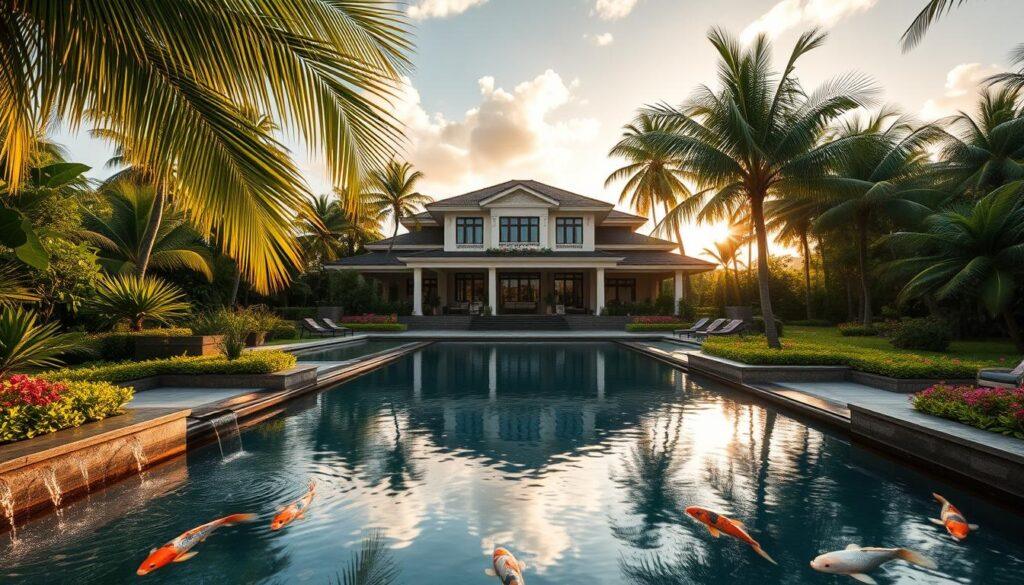 A lush, expansive luxury villa nestled in a tropical paradise, its water feature design a stunning centerpiece. In the foreground, a tranquil infinity pool reflects the villa's elegant architecture and the surrounding verdant landscape. Cascading waterfalls and serene koi ponds flank the pool, creating a mesmerizing visual harmony. Warm, diffused sunlight filters through swaying palm fronds, casting a soft, golden glow over the scene. The middle ground features meticulously landscaped gardens, with vibrant flowers and lush, manicured foliage. In the background, the villa's grand, contemporary façade rises majestically, seamlessly blending indoor and outdoor living spaces. The overall atmosphere exudes a sense of sophisticated relaxation and harmony with nature. A lush, expansive luxury villa nestled in a tropical paradise, its water feature design a stunning centerpiece. In the foreground, a tranquil infinity pool reflects the villa's elegant architecture and the surrounding verdant landscape. Cascading waterfalls and serene koi ponds flank the pool, creating a mesmerizing visual harmony. Warm, diffused sunlight filters through swaying palm fronds, casting a soft, golden glow over the scene. The middle ground features meticulously landscaped gardens, with vibrant flowers and lush, manicured foliage. In the background, the villa's grand, contemporary façade rises majestically, seamlessly blending indoor and outdoor living spaces. The overall atmosphere exudes a sense of sophisticated relaxation and harmony with nature.