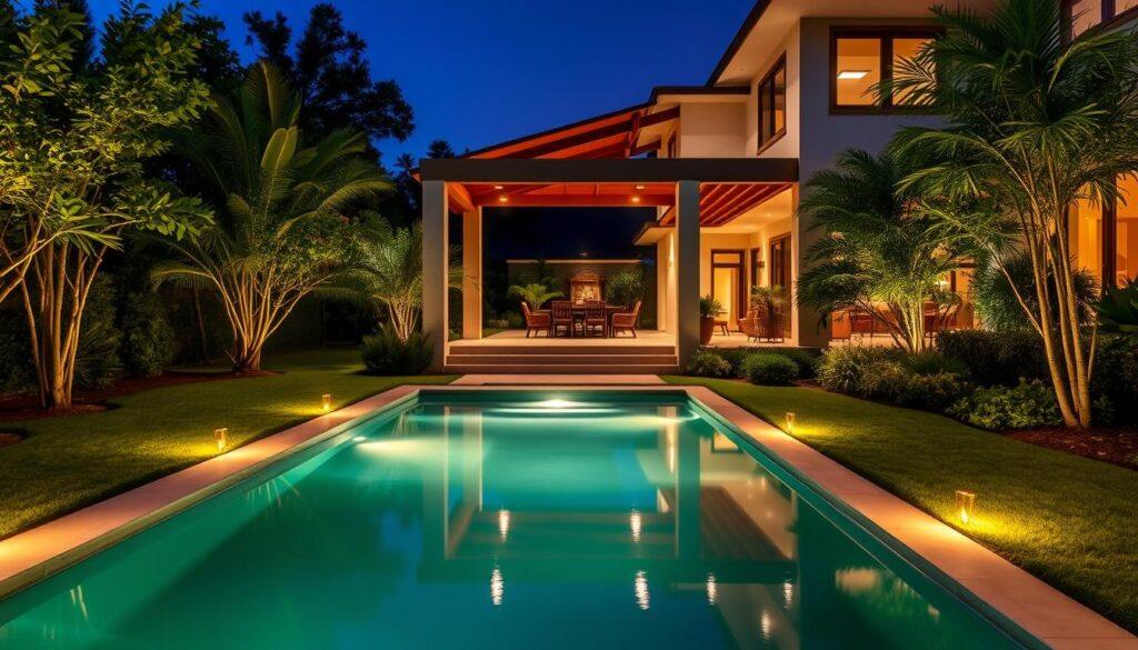 A lush, well-manicured villa garden with a seamless indoor-outdoor flow. In the foreground, a tranquil reflecting pool is illuminated by strategically placed, warm-toned path lighting, casting a soft glow across the water's surface. The middle ground features a covered patio area, its beams and columns accentuated by subtle, recessed LED lighting that creates a cozy, inviting ambiance. The background showcases the villa's facade, its windows and architectural details highlighted by a combination of uplighting and subtle downlighting, blending the structure harmoniously with the surrounding landscape. The overall scene exudes a serene, elegant atmosphere, showcasing how thoughtful lighting can integrate a villa's interior and exterior spaces. A lush, well-manicured villa garden with a seamless indoor-outdoor flow. In the foreground, a tranquil reflecting pool is illuminated by strategically placed, warm-toned path lighting, casting a soft glow across the water's surface. The middle ground features a covered patio area, its beams and columns accentuated by subtle, recessed LED lighting that creates a cozy, inviting ambiance. The background showcases the villa's facade, its windows and architectural details highlighted by a combination of uplighting and subtle downlighting, blending the structure harmoniously with the surrounding landscape. The overall scene exudes a serene, elegant atmosphere, showcasing how thoughtful lighting can integrate a villa's interior and exterior spaces.