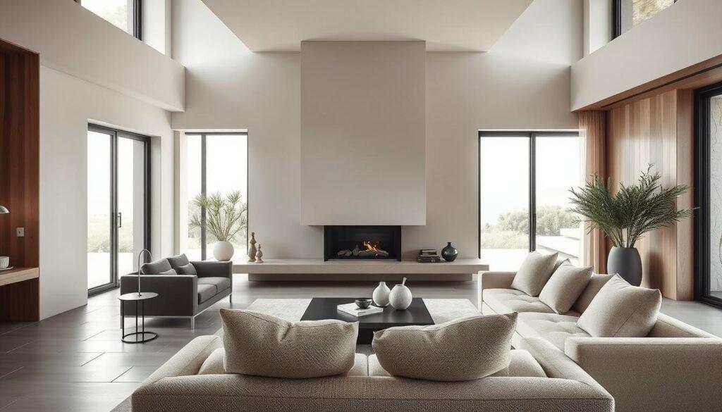 A modern, minimalist villa interior with a serene, neutral color palette. The living room features clean lines, muted tones, and natural materials like wood and stone. Soft, diffused lighting from large windows creates a calming ambiance. Plush, textured furnishings in shades of beige, gray, and off-white add depth and visual interest. A striking minimalist fireplace anchors the space, surrounded by understated decor. The overall atmosphere is one of sophisticated simplicity, emphasizing tranquility and balance. A modern, minimalist villa interior with a serene, neutral color palette. The living room features clean lines, muted tones, and natural materials like wood and stone. Soft, diffused lighting from large windows creates a calming ambiance. Plush, textured furnishings in shades of beige, gray, and off-white add depth and visual interest. A striking minimalist fireplace anchors the space, surrounded by understated decor. The overall atmosphere is one of sophisticated simplicity, emphasizing tranquility and balance.