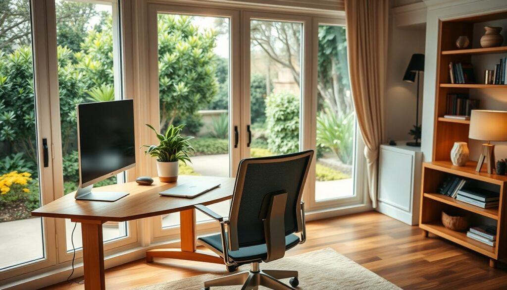 A cozy and ergonomic study setup in a villa's interior. A spacious, sun-lit room with large windows overlooking a lush garden. A modern, adjustable desk in a warm wood tone, paired with a sleek, high-backed office chair with lumbar support. On the desk, a minimalist laptop, a curved monitor, and a plant adding a natural touch. Soft, indirect lighting from sconces and a floor lamp creates a relaxing ambiance. Shelves on the walls display books and decorative accents. The overall atmosphere is one of productivity and comfort, perfectly suited for focused work in a tranquil, elegant setting. A cozy and ergonomic study setup in a villa's interior. A spacious, sun-lit room with large windows overlooking a lush garden. A modern, adjustable desk in a warm wood tone, paired with a sleek, high-backed office chair with lumbar support. On the desk, a minimalist laptop, a curved monitor, and a plant adding a natural touch. Soft, indirect lighting from sconces and a floor lamp creates a relaxing ambiance. Shelves on the walls display books and decorative accents. The overall atmosphere is one of productivity and comfort, perfectly suited for focused work in a tranquil, elegant setting.