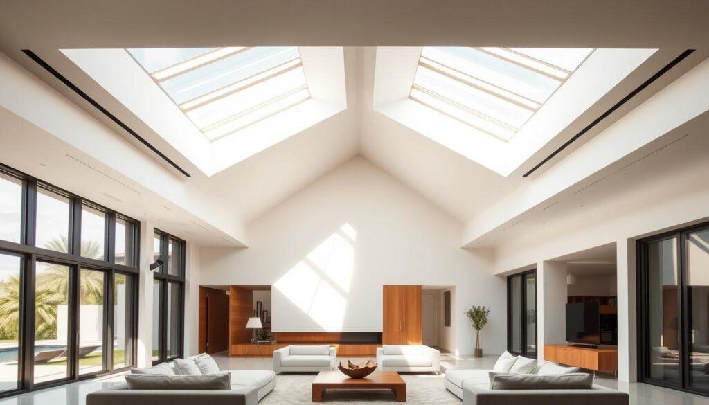 A modern, expansive villa interior with an abundance of natural light streaming through strategically placed skylights. The space features sleek, minimalist furnishings accentuated by warm, wooden accents. A central open-concept living area is highlighted by a dramatic, angular skylight that casts a soft, diffused glow, illuminating the clean lines and neutral color palette. The carefully curated layout and placement of the skylights create a harmonious interplay of light and shadow, evoking a sense of tranquility and luxury. Tall windows along the walls amplify the airy, bright ambiance, blurring the boundaries between indoor and outdoor spaces. An overall tone of sophisticated simplicity, where the architecture seamlessly integrates with the natural light to create a serene and inviting atmosphere. A modern, expansive villa interior with an abundance of natural light streaming through strategically placed skylights. The space features sleek, minimalist furnishings accentuated by warm, wooden accents. A central open-concept living area is highlighted by a dramatic, angular skylight that casts a soft, diffused glow, illuminating the clean lines and neutral color palette. The carefully curated layout and placement of the skylights create a harmonious interplay of light and shadow, evoking a sense of tranquility and luxury. Tall windows along the walls amplify the airy, bright ambiance, blurring the boundaries between indoor and outdoor spaces. An overall tone of sophisticated simplicity, where the architecture seamlessly integrates with the natural light to create a serene and inviting atmosphere.