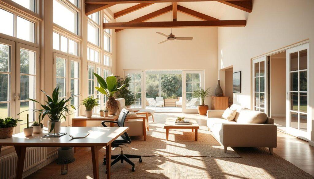 A sun-drenched villa interior with natural light flooding through large windows and glass doors, casting a warm, serene ambiance. The foreground features a minimalist workspace with a wooden desk, ergonomic chair, and potted plants. The middle ground showcases a cozy conversation area with plush sofas and a low coffee table, all situated on a natural fiber rug. The background reveals high ceilings, exposed beams, and earthy color tones that create a calming, harmonious atmosphere. The overall composition emphasizes the balance of light, space, and natural materials, reflecting the perfect blend of productivity and tranquility for a home office setting. A sun-drenched villa interior with natural light flooding through large windows and glass doors, casting a warm, serene ambiance. The foreground features a minimalist workspace with a wooden desk, ergonomic chair, and potted plants. The middle ground showcases a cozy conversation area with plush sofas and a low coffee table, all situated on a natural fiber rug. The background reveals high ceilings, exposed beams, and earthy color tones that create a calming, harmonious atmosphere. The overall composition emphasizes the balance of light, space, and natural materials, reflecting the perfect blend of productivity and tranquility for a home office setting.