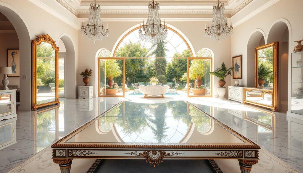 A sunlit Mediterranean villa interior, filled with reflective surfaces that capture and amplify the natural light. In the foreground, a grand mirrored coffee table reflects the high-ceilinged room, its ornate golden frame sparkling. Across the middle ground, smooth marble floors and walls act as light-amplifying planes, while in the background, a massive arched window frames a lush, sun-dappled outdoor scene. Shimmering crystal chandeliers and mirrored accents throughout create a luminous, airy atmosphere, perfectly showcasing the villa's ability to harness and enhance natural illumination. A sunlit Mediterranean villa interior, filled with reflective surfaces that capture and amplify the natural light. In the foreground, a grand mirrored coffee table reflects the high-ceilinged room, its ornate golden frame sparkling. Across the middle ground, smooth marble floors and walls act as light-amplifying planes, while in the background, a massive arched window frames a lush, sun-dappled outdoor scene. Shimmering crystal chandeliers and mirrored accents throughout create a luminous, airy atmosphere, perfectly showcasing the villa's ability to harness and enhance natural illumination.