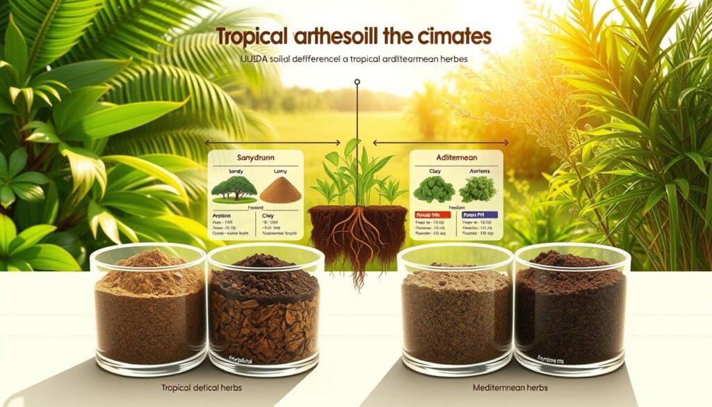 A detailed illustration comparing USDA soil composition differences pertinent to tropical and Mediterranean climates. In the foreground, elegantly arranged soil samples in clear glass containers showcasing varied textures and colors, such as sandy, loamy, and clay soils, labeled subtly. The middle ground features descriptive diagrams highlighting nutrient levels, water retention, and pH differences, with a soft focus on the tropical and Mediterranean plant roots intertwined. The background presents a sunny landscape transitioning from lush tropical foliage on one side to aromatic Mediterranean herbs on the other, with a bright, warm atmosphere enhanced by sunlight filtering through the leaves. The image should convey a sense of harmony and balance in nature, emphasizing the vital connection between soil composition and plant growth.