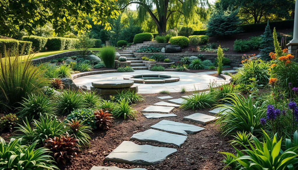 A detailed rain garden design seamlessly integrated with hardscaping elements. In the foreground, vibrant native plants with varied textures and colors cascade around stepping stones, creating a welcoming pathway. The middle ground features a carefully placed stone patio with permeable pavers, surrounded by lush greenery and small water features that collect and filter runoff. In the background, a gently sloping area showcases a sustainable landscape, with trees and bushes that complement the rain garden. Soft, dappled sunlight filters through the leaves, creating a serene atmosphere. The scene is captured with a wide-angle lens to emphasize depth and detail, highlighting the harmony between the hardscape elements and the thriving garden. The mood is calm and inviting, promoting the concept of sustainable gardening. A detailed rain garden design seamlessly integrated with hardscaping elements. In the foreground, vibrant native plants with varied textures and colors cascade around stepping stones, creating a welcoming pathway. The middle ground features a carefully placed stone patio with permeable pavers, surrounded by lush greenery and small water features that collect and filter runoff. In the background, a gently sloping area showcases a sustainable landscape, with trees and bushes that complement the rain garden. Soft, dappled sunlight filters through the leaves, creating a serene atmosphere. The scene is captured with a wide-angle lens to emphasize depth and detail, highlighting the harmony between the hardscape elements and the thriving garden. The mood is calm and inviting, promoting the concept of sustainable gardening.