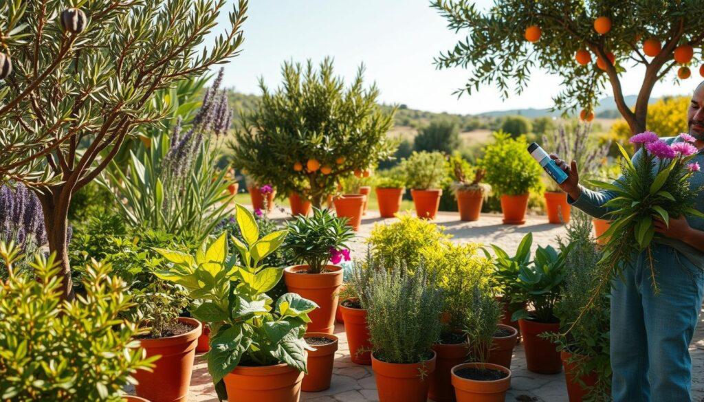 A lush Mediterranean garden, featuring an array of vibrant plant species like olive trees, lavender, and citrus, showcasing signs of pest control techniques. In the foreground, a gardener wearing modest casual clothing inspects a healthy plant while applying organic pest control methods, such as neem oil spray. In the middle, pots of herbs and flowering plants are arranged harmoniously, highlighting healthy foliage alongside a few plants showing subtle signs of pest damage. The background features a sun-dappled landscape with terracotta pots and an azure sky, creating a warm, inviting atmosphere. The lighting is soft and golden, reminiscent of late afternoon sun, shot from a slight angle to emphasize the depth of the garden's layers and textures.