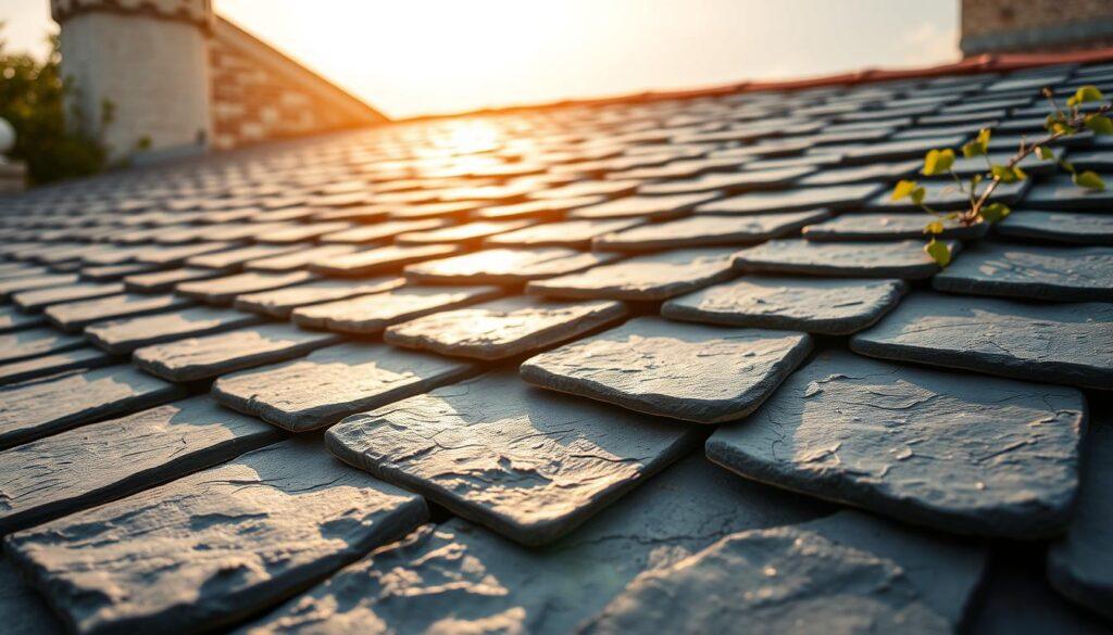 A close-up of a beautifully crafted slate roof, showcasing the unique texture and layered appearance of the slate tiles. In the foreground, a few slate tiles are highlighted, displaying their natural colors – deep grays, subtle blues, and hints of green. The middle section reveals the intricate pattern of the roof, emphasizing the structure and weight of the slates, with shadows playing across the tiles to enhance depth. In the background, a warm Mediterranean sky is visible, casting soft, golden sunlight over the scene, creating a serene and inviting atmosphere. The image should be captured at an angle that showcases the slates' weight and durability while maintaining a focus on elegance and architectural beauty. Enhance the scene with natural elements like gentle vines creeping on the edges, adding a touch of life. A close-up of a beautifully crafted slate roof, showcasing the unique texture and layered appearance of the slate tiles. In the foreground, a few slate tiles are highlighted, displaying their natural colors – deep grays, subtle blues, and hints of green. The middle section reveals the intricate pattern of the roof, emphasizing the structure and weight of the slates, with shadows playing across the tiles to enhance depth. In the background, a warm Mediterranean sky is visible, casting soft, golden sunlight over the scene, creating a serene and inviting atmosphere. The image should be captured at an angle that showcases the slates' weight and durability while maintaining a focus on elegance and architectural beauty. Enhance the scene with natural elements like gentle vines creeping on the edges, adding a touch of life.