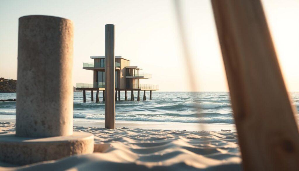 A comparative study of concrete, steel, and timber posts in coastal architecture, showcasing their unique characteristics in a serene beach setting. In the foreground, depict three posts: robust concrete with a rough texture, sleek steel with a polished finish, and natural timber displaying its grain. The middle ground features elegant villa structures elevated on these posts, harmonizing with their materials. The background displays a gentle coastal scene with waves lapping at the shore and a clear, warm sky. Utilize soft, diffused sunlight that highlights the materials' features and subtle shadows for depth. Capture the image from a low angle to emphasize the posts' height, creating an atmosphere of structural elegance and harmony with nature. A comparative study of concrete, steel, and timber posts in coastal architecture, showcasing their unique characteristics in a serene beach setting. In the foreground, depict three posts: robust concrete with a rough texture, sleek steel with a polished finish, and natural timber displaying its grain. The middle ground features elegant villa structures elevated on these posts, harmonizing with their materials. The background displays a gentle coastal scene with waves lapping at the shore and a clear, warm sky. Utilize soft, diffused sunlight that highlights the materials' features and subtle shadows for depth. Capture the image from a low angle to emphasize the posts' height, creating an atmosphere of structural elegance and harmony with nature.