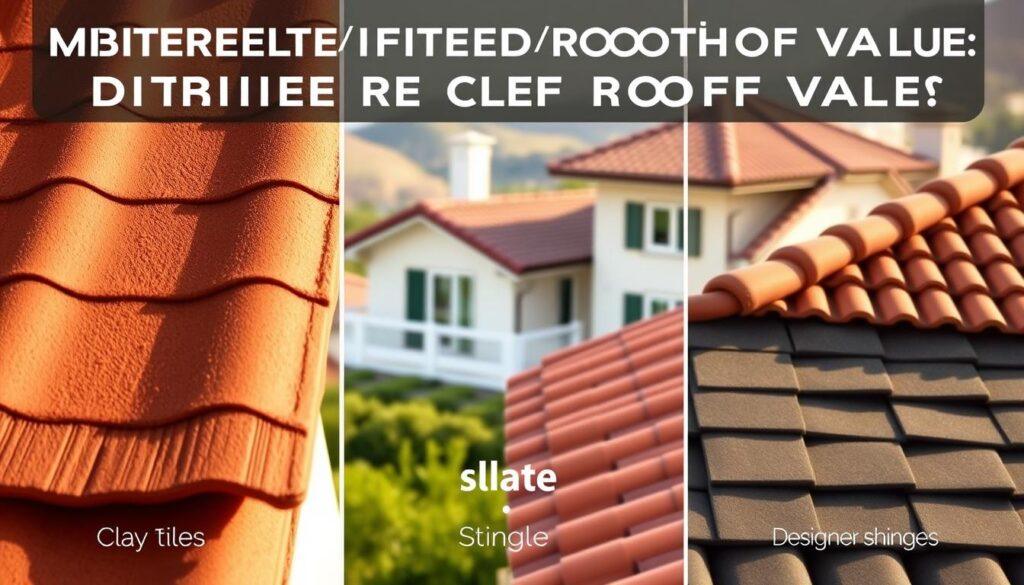 A detailed comparison of the lifespan and long-term value of Mediterranean roof tiles, featuring three types: clay barrel tiles, slate, and designer shingles. In the foreground, display a richly textured clay barrel tile, smooth slate shingle, and a stylish designer shingle side by side. The middle layer shows a modern Mediterranean-style home with beautiful tiled roofing under warm afternoon sunlight. In the background, softly blurred Mediterranean landscapes, including lush greenery and gentle hills, convey an inviting atmosphere. Use soft natural lighting for a warm mood, with a slightly high-angle perspective to highlight the tiles' longevity and aesthetic appeal. Focus on clarity and detail to emphasize the differences in material longevity and aesthetic charm. A detailed comparison of the lifespan and long-term value of Mediterranean roof tiles, featuring three types: clay barrel tiles, slate, and designer shingles. In the foreground, display a richly textured clay barrel tile, smooth slate shingle, and a stylish designer shingle side by side. The middle layer shows a modern Mediterranean-style home with beautiful tiled roofing under warm afternoon sunlight. In the background, softly blurred Mediterranean landscapes, including lush greenery and gentle hills, convey an inviting atmosphere. Use soft natural lighting for a warm mood, with a slightly high-angle perspective to highlight the tiles' longevity and aesthetic appeal. Focus on clarity and detail to emphasize the differences in material longevity and aesthetic charm.