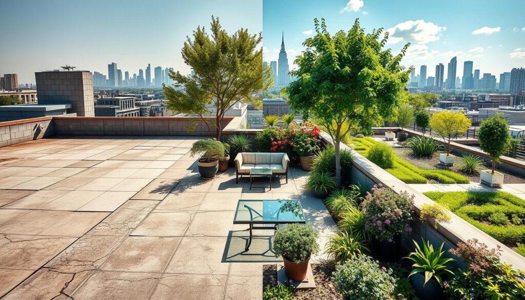 A dynamic roof garden transformation scene illustrating a stunning "before and after" comparison. In the foreground, show the barren, unused rooftop with cracked concrete and minimal greenery; transitioning smoothly into the vibrant, lush roof garden filled with a variety of flourishing plants, flowers, and small trees. In the middle, highlight a cozy seating area with elegant garden furniture under a bright, sunny sky, inviting warmth and relaxation. In the background, urban skyline silhouettes enhance the sense of a green oasis amidst the concrete jungle. Use soft, natural lighting to create a cheerful and rejuvenating atmosphere. The angle should capture the depth of the transformation, showcasing both the old and new aspects clearly. A dynamic roof garden transformation scene illustrating a stunning "before and after" comparison. In the foreground, show the barren, unused rooftop with cracked concrete and minimal greenery; transitioning smoothly into the vibrant, lush roof garden filled with a variety of flourishing plants, flowers, and small trees. In the middle, highlight a cozy seating area with elegant garden furniture under a bright, sunny sky, inviting warmth and relaxation. In the background, urban skyline silhouettes enhance the sense of a green oasis amidst the concrete jungle. Use soft, natural lighting to create a cheerful and rejuvenating atmosphere. The angle should capture the depth of the transformation, showcasing both the old and new aspects clearly.