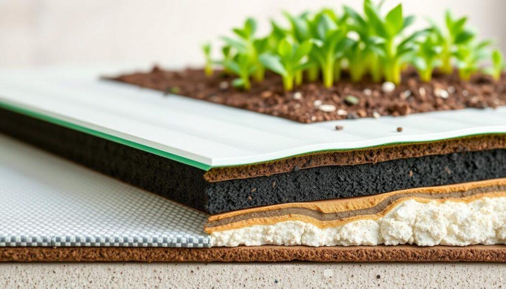 A highly detailed cross-section diagram of a drainage mat designed for a green roof, illustrating the various layers involved in its construction. In the foreground, showcase the drainage layer with a textured surface, surrounded by a waterproof membrane, a protection/root barrier, and thermal insulation layers. In the middle section, depict a rich soil build-up, demonstrating the different soil types suitable for plant growth. In the background, illustrate vibrant green plants thriving on top of the soil. Use soft, natural lighting to highlight the textures and colors of each layer. The angle should be slightly tilted to provide depth, emphasizing the complexity of the green roof system while maintaining a clean, professional look. A highly detailed cross-section diagram of a drainage mat designed for a green roof, illustrating the various layers involved in its construction. In the foreground, showcase the drainage layer with a textured surface, surrounded by a waterproof membrane, a protection/root barrier, and thermal insulation layers. In the middle section, depict a rich soil build-up, demonstrating the different soil types suitable for plant growth. In the background, illustrate vibrant green plants thriving on top of the soil. Use soft, natural lighting to highlight the textures and colors of each layer. The angle should be slightly tilted to provide depth, emphasizing the complexity of the green roof system while maintaining a clean, professional look.