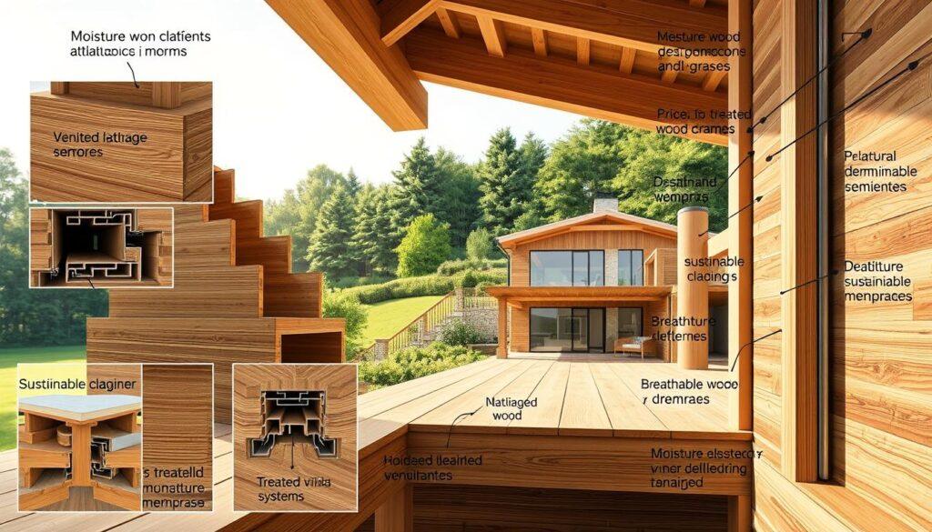 A highly detailed technical illustration of moisture management and ventilation in wood construction. Foreground features close-up shots of various wood joints and ventilation systems, showcasing detailed cross-sectional views of treated wood beams, drainage systems, and breathable membranes. In the middle, depict a modern villa with sustainable cladding and pergolas, highlighting how these elements interact with natural elements like rain and sunlight. The background illustrates a serene landscape with lush greenery, emphasizing a connection to nature. Use soft, natural lighting to create a warm atmosphere, with a slight upward angle to showcase the structure's height. Include subtle textures of wood grain and moisture channels while ensuring a professional and informative mood. A highly detailed technical illustration of moisture management and ventilation in wood construction. Foreground features close-up shots of various wood joints and ventilation systems, showcasing detailed cross-sectional views of treated wood beams, drainage systems, and breathable membranes. In the middle, depict a modern villa with sustainable cladding and pergolas, highlighting how these elements interact with natural elements like rain and sunlight. The background illustrates a serene landscape with lush greenery, emphasizing a connection to nature. Use soft, natural lighting to create a warm atmosphere, with a slight upward angle to showcase the structure's height. Include subtle textures of wood grain and moisture channels while ensuring a professional and informative mood.