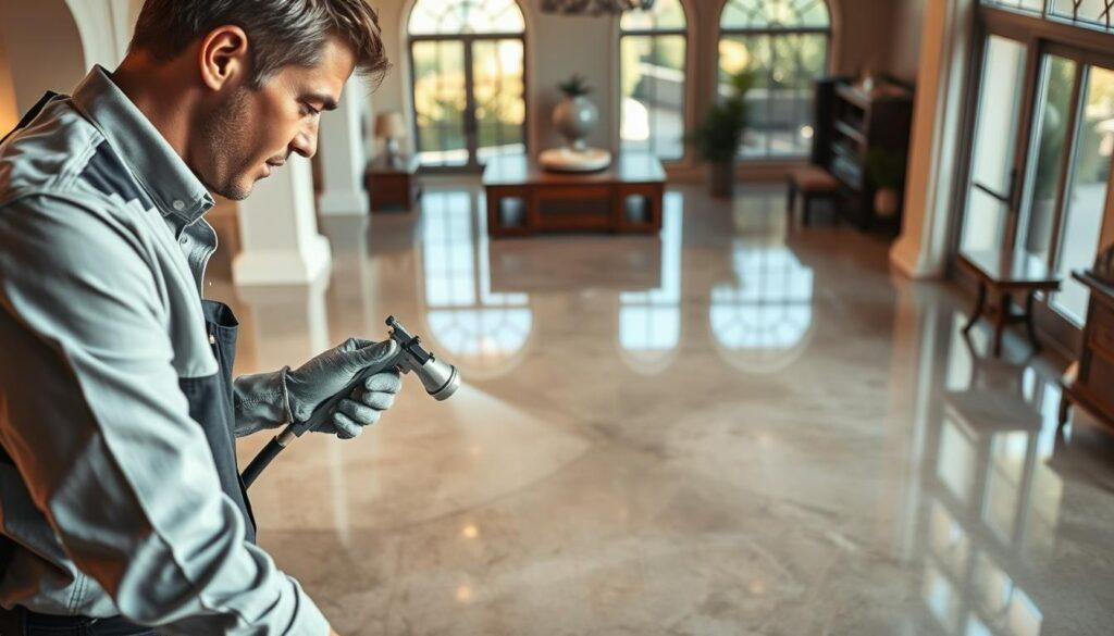 A professional in a neat, business casual outfit, such as a collared shirt and protective gloves, is applying a clear concrete sealer to a glossy, polished floor using a sprayer. In the foreground, the applicator's focused expression conveys expertise as they meticulously coat the floor. The middle ground features the smooth, reflective surface of the concrete, showcasing its sheen and subtle texture details. In the background, a spacious villa-style room is visible, with warm, natural lighting filtering through large windows, illuminating the scene and highlighting the luxurious finishes of the space. The atmosphere is calm and professional, emphasizing the importance of proper maintenance for concrete surfaces.