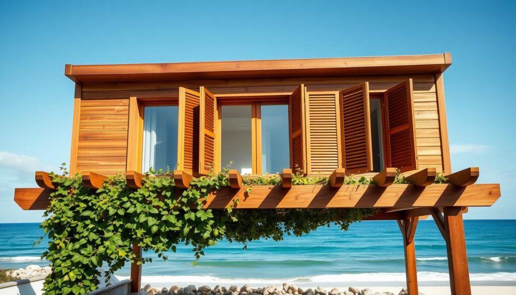 A serene coastal scene showcasing durable wood cladding and joinery elements designed for villas. In the foreground, display a beautifully crafted wooden pergola adorned with climbing greenery, offering shade over a relaxing outdoor seating area. The middle ground features elegant shutters made from rich, sustainable wood, partially opened to reveal glimpses of a tranquil beach setting beyond. The background captures a sunny coastline with gentle waves lapping against the shore, under a clear blue sky. Soft, diffused lighting enhances the warm tones of the wood, creating a welcoming atmosphere. The perspective is slightly angled from below, emphasizing the structure's strength against the elements, inviting viewers to appreciate the harmony of nature and craftsmanship. A serene coastal scene showcasing durable wood cladding and joinery elements designed for villas. In the foreground, display a beautifully crafted wooden pergola adorned with climbing greenery, offering shade over a relaxing outdoor seating area. The middle ground features elegant shutters made from rich, sustainable wood, partially opened to reveal glimpses of a tranquil beach setting beyond. The background captures a sunny coastline with gentle waves lapping against the shore, under a clear blue sky. Soft, diffused lighting enhances the warm tones of the wood, creating a welcoming atmosphere. The perspective is slightly angled from below, emphasizing the structure's strength against the elements, inviting viewers to appreciate the harmony of nature and craftsmanship.