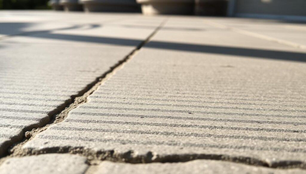 Close-up view of a broom finish concrete surface, highlighting intricate texture patterns designed for slip resistance. The foreground captures the unique grooves and lines created by the broom technique, showcasing both the tactile quality and visual depth of the surface. In the middle ground, gently diffused natural light accentuates the subtle variations in color and sheen, emphasizing the sturdy, functional design of the concrete. The background remains softly blurred to focus attention on the texture. The overall atmosphere conveys a sense of modern durability and aesthetic appeal, evoking the practical elegance essential for villa-style homes. The angle is slightly tilted to showcase both the surface details and the intricate interplay of light and shadow.