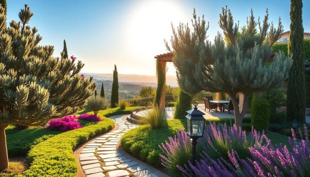 A beautifully designed Mediterranean villa garden featuring a harmonious blend of mature olive and cypress trees in the foreground, interspersed with vibrant flowering shrubs like bougainvillea and lavender. Lush ground cover plants provide a rich green texture, enhancing the overall landscape. The middle ground showcases a winding stone pathway leading to an elegant outdoor seating area beneath a pergola, adorned with climbing vines and hanging lanterns. In the background, the serene horizon displays rolling hills and a clear blue sky, bathed in warm, golden sunlight, creating a tranquil atmosphere. The scene should evoke a sense of luxury and relaxation, captured from a slightly elevated angle that reveals the garden’s layout beautifully. A beautifully designed Mediterranean villa garden featuring a harmonious blend of mature olive and cypress trees in the foreground, interspersed with vibrant flowering shrubs like bougainvillea and lavender. Lush ground cover plants provide a rich green texture, enhancing the overall landscape. The middle ground showcases a winding stone pathway leading to an elegant outdoor seating area beneath a pergola, adorned with climbing vines and hanging lanterns. In the background, the serene horizon displays rolling hills and a clear blue sky, bathed in warm, golden sunlight, creating a tranquil atmosphere. The scene should evoke a sense of luxury and relaxation, captured from a slightly elevated angle that reveals the garden’s layout beautifully.