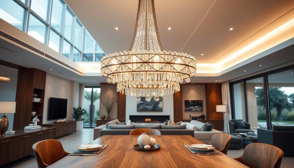 A luxurious modern chandelier commands the center of a spacious villa living area, characterized by its statement design featuring intricate geometric shapes and sparkling crystals that reflect soft, warm light. In the foreground, an elegant wooden dining table is set with tasteful décor, while the middle ground showcases the chandelier suspended gracefully from a high ceiling adorned with architectural lighting accents. The background reveals large windows that allow natural light to flood in, blending harmoniously with the ambiance created by the chandelier. The mood is one of sophisticated comfort, inviting relaxation and conversation in a sleek yet cozy environment. The scene is captured from a slight angle, emphasizing the chandelier's grandeur and the interplay of light and shadow throughout the space. A luxurious modern chandelier commands the center of a spacious villa living area, characterized by its statement design featuring intricate geometric shapes and sparkling crystals that reflect soft, warm light. In the foreground, an elegant wooden dining table is set with tasteful décor, while the middle ground showcases the chandelier suspended gracefully from a high ceiling adorned with architectural lighting accents. The background reveals large windows that allow natural light to flood in, blending harmoniously with the ambiance created by the chandelier. The mood is one of sophisticated comfort, inviting relaxation and conversation in a sleek yet cozy environment. The scene is captured from a slight angle, emphasizing the chandelier's grandeur and the interplay of light and shadow throughout the space.