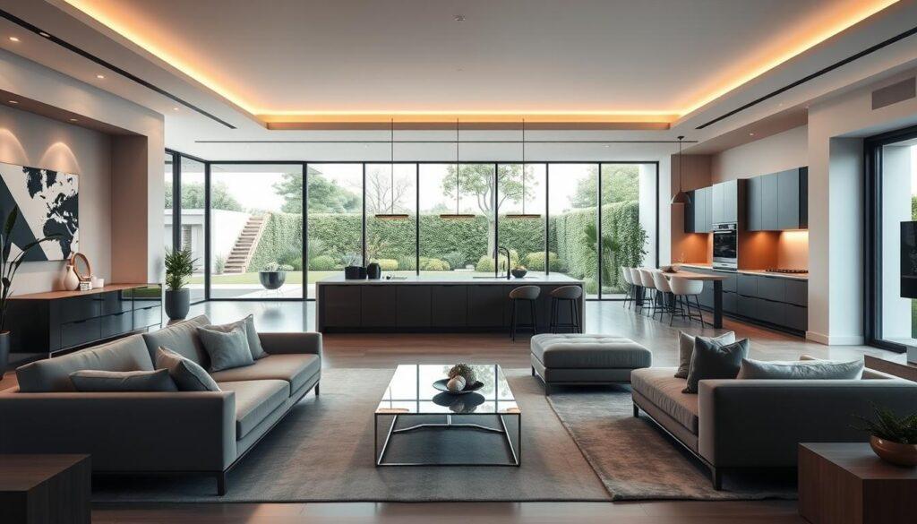 A spacious open floor plan of a modern villa showcasing elegant smart home integration. In the foreground, a sleek living area features comfortable yet stylish furnishings, including a plush sofa and a contemporary coffee table. Smart devices subtly blend into the decor, with hidden speakers and automated lighting casting a warm, inviting glow. The middle section reveals a seamless transition to a state-of-the-art kitchen, showcasing high-end appliances and touch-control surfaces. In the background, large windows flood the space with natural light, revealing a beautifully landscaped garden. The mood is one of luxury and comfort, emphasizing a harmonious balance between technology and aesthetics. Soft shadows and highlights enhance the elegance, captured from a slightly elevated angle to provide a comprehensive view of the interior design trend. A spacious open floor plan of a modern villa showcasing elegant smart home integration. In the foreground, a sleek living area features comfortable yet stylish furnishings, including a plush sofa and a contemporary coffee table. Smart devices subtly blend into the decor, with hidden speakers and automated lighting casting a warm, inviting glow. The middle section reveals a seamless transition to a state-of-the-art kitchen, showcasing high-end appliances and touch-control surfaces. In the background, large windows flood the space with natural light, revealing a beautifully landscaped garden. The mood is one of luxury and comfort, emphasizing a harmonious balance between technology and aesthetics. Soft shadows and highlights enhance the elegance, captured from a slightly elevated angle to provide a comprehensive view of the interior design trend.
