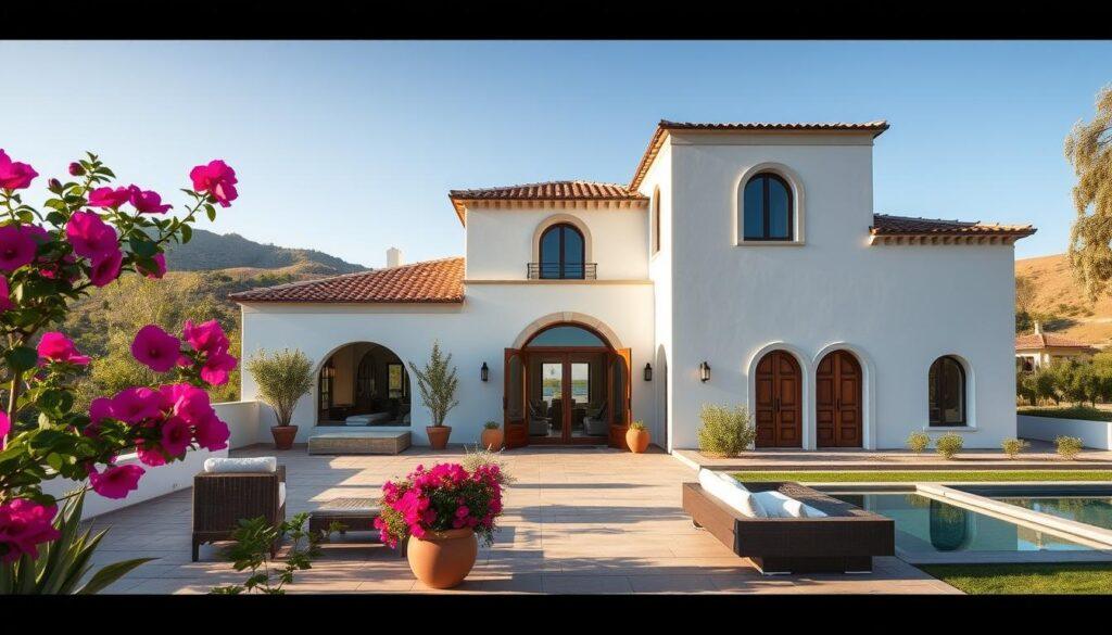 A stunning Mediterranean villa design case study showcasing contemporary transformations. In the foreground, a beautifully landscaped terrace with modern outdoor furniture, lush potted plants, and vibrant bougainvillea. The middle features a sleek, white stucco villa with large arched windows, a terracotta roof, and elegant wooden doors, embodying timeless elegance. The background reveals rolling hills adorned with olive trees and a serene blue sky. The scene is illuminated by warm, golden sunlight, creating a tranquil and inviting atmosphere. The image is taken from a low angle to emphasize the villa's height and architectural details, evoking a sense of grandeur and sophistication. A stunning Mediterranean villa design case study showcasing contemporary transformations. In the foreground, a beautifully landscaped terrace with modern outdoor furniture, lush potted plants, and vibrant bougainvillea. The middle features a sleek, white stucco villa with large arched windows, a terracotta roof, and elegant wooden doors, embodying timeless elegance. The background reveals rolling hills adorned with olive trees and a serene blue sky. The scene is illuminated by warm, golden sunlight, creating a tranquil and inviting atmosphere. The image is taken from a low angle to emphasize the villa's height and architectural details, evoking a sense of grandeur and sophistication.