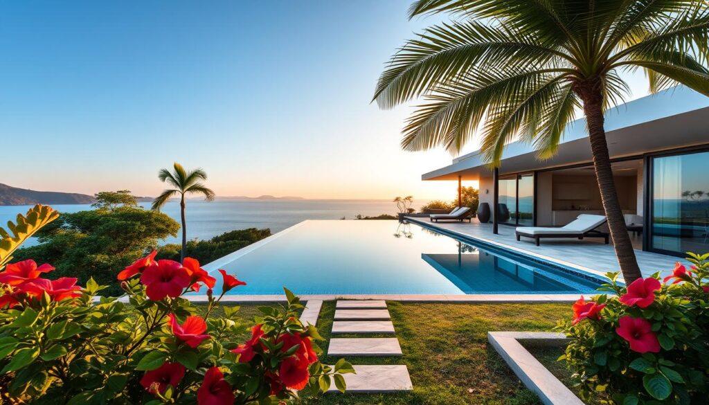 An elegant infinity pool villa nestled in a lush garden landscape, featuring an expansive infinity pool that seamlessly blends into the horizon. In the foreground, vibrant tropical plants like hibiscus and palm trees frame the pool area, creating a sense of serenity. The middle layer showcases a terrace with modern lounge furniture and decorative stone paths leading to the villa entrance. In the background, the villa's contemporary design boasts large glass windows reflecting the clear blue sky. Soft, warm lighting casts a golden hue over the scene during the golden hour, enhancing the luxurious atmosphere. The image captures a tranquil and inviting mood, emphasizing the perfect harmony between nature and modern villa living. An elegant infinity pool villa nestled in a lush garden landscape, featuring an expansive infinity pool that seamlessly blends into the horizon. In the foreground, vibrant tropical plants like hibiscus and palm trees frame the pool area, creating a sense of serenity. The middle layer showcases a terrace with modern lounge furniture and decorative stone paths leading to the villa entrance. In the background, the villa's contemporary design boasts large glass windows reflecting the clear blue sky. Soft, warm lighting casts a golden hue over the scene during the golden hour, enhancing the luxurious atmosphere. The image captures a tranquil and inviting mood, emphasizing the perfect harmony between nature and modern villa living.