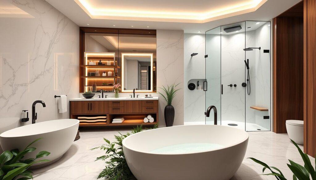 A luxurious master bathroom spa design featuring elegant marble tiles and sleek wood accents. In the foreground, a freestanding soaking tub is surrounded by lush greenery, creating a serene oasis. The middle layer showcases a double vanity with high-end fixtures, backlit mirrors, and tasteful accessories, while floating shelves display fragrant candles and spa essentials. The background reveals a spacious walk-in shower with rainfall showerheads and frosted glass doors, illuminated with soft, ambient lighting that creates a tranquil atmosphere. Use a wide-angle lens to capture the entire room from a slightly elevated angle, emphasizing the sense of openness and luxury. The mood is calming and sophisticated, ideal for a private sanctuary.