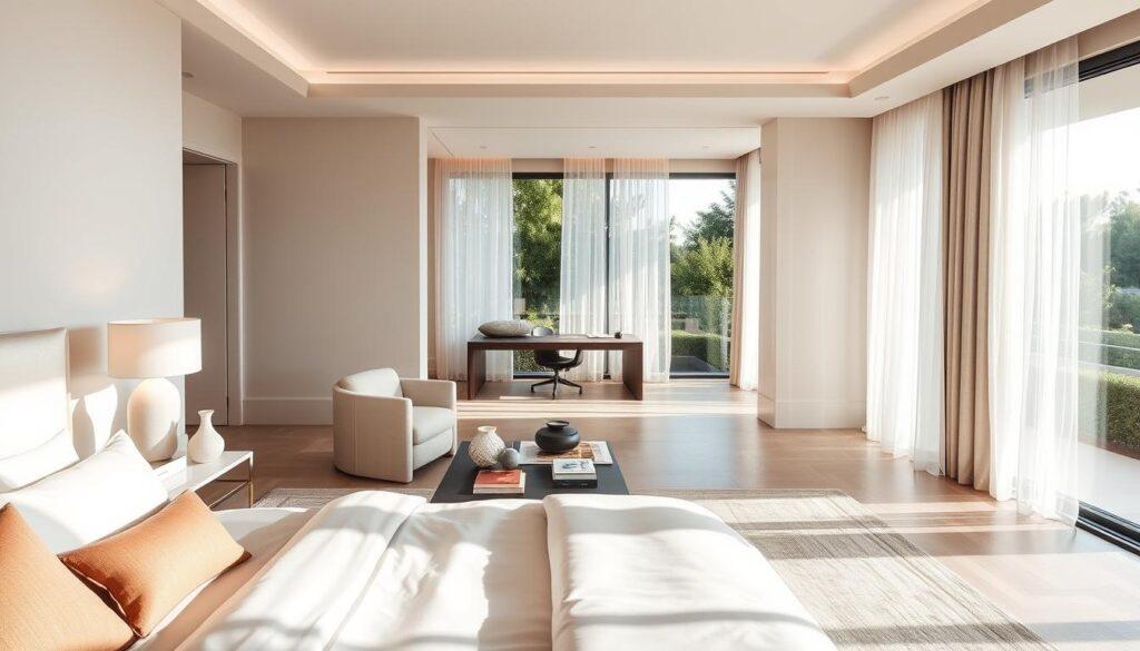 An elegantly designed master suite featuring intimate zones, showcasing a harmonious blend of modern elegance and comfort. In the foreground, a plush king-size bed with luxurious bedding is positioned near a cozy seating area adorned with tasteful decor. On one side, a stylish low table holds artful vases and books, enhancing the intimate atmosphere. The middle space highlights a sleek workspace with a minimalist desk and a comfortable chair, framed by soft lighting from a nearby window. In the background, floor-to-ceiling windows offer a serene view of lush greenery outside, complemented by sheer curtains that filter natural light, creating a warm ambiance. The overall mood is tranquil and inviting, perfect for relaxation and reflection. Use a wide-angle lens to encompass the spaciousness and detail throughout the suite.