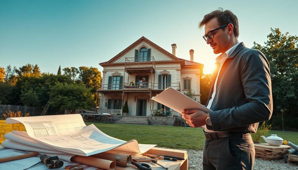 A contemporary scene illustrating the renovation of an old villa, showcasing a blend of traditional and modern architectural elements. In the foreground, a professional architect in smart casual attire is reviewing blueprints with a clipboard, surrounded by construction tools and materials. The middle layer features a partially renovated villa with a classic façade being upgraded, with scaffolding visible and workers in safety gear. In the background, lush greenery and a clear blue sky enhance the serene atmosphere. The lighting is warm and inviting, with the golden hour sun casting a soft glow on the villa, creating a harmonious balance between history and modernity. The overall mood conveys optimism and collaboration in the restoration process. A contemporary scene illustrating the renovation of an old villa, showcasing a blend of traditional and modern architectural elements. In the foreground, a professional architect in smart casual attire is reviewing blueprints with a clipboard, surrounded by construction tools and materials. The middle layer features a partially renovated villa with a classic façade being upgraded, with scaffolding visible and workers in safety gear. In the background, lush greenery and a clear blue sky enhance the serene atmosphere. The lighting is warm and inviting, with the golden hour sun casting a soft glow on the villa, creating a harmonious balance between history and modernity. The overall mood conveys optimism and collaboration in the restoration process.