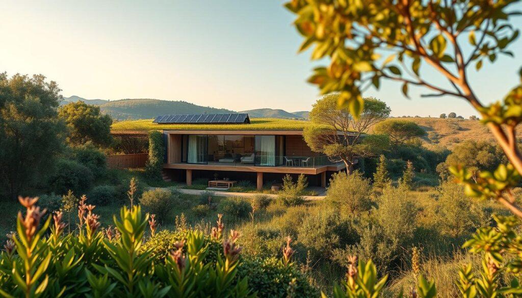 A cutting-edge sustainable villa nestled within a lush green landscape, emphasizing harmony with nature. In the foreground, indigenous plants and trees surround a modern, eco-friendly structure featuring solar panels and green roofs. The middle section showcases large floor-to-ceiling windows that invite natural light, reflecting a sleek interior with natural materials. In the background, gentle hills and a clear blue sky create a serene atmosphere, accented by soft, warm sunlight casting gentle shadows. The angle captures the villa from slightly elevated, offering a panoramic view that emphasizes environmental integration. The mood is peaceful and innovative, portraying a future where architecture and nature coexist.