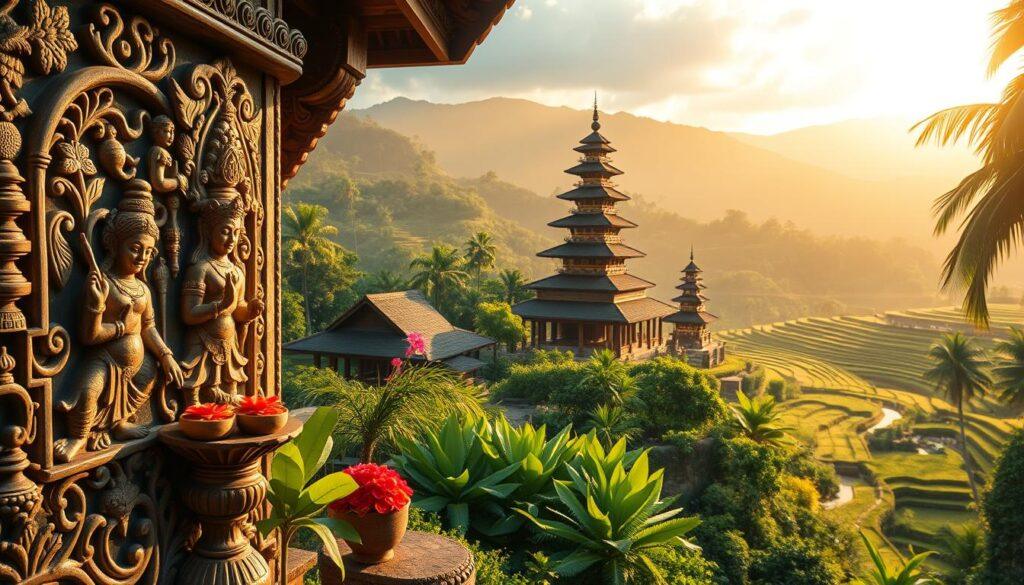 A detailed diagram showcasing Balinese architecture with a focus on spiritual elements and symbolism. In the foreground, intricate carvings representing deities and nature, adorned with vibrant offerings. The middle section features a traditional Balinese temple with its tiered roofs, surrounded by lush tropical greenery. In the background, rolling hills and rice terraces bathed in soft, golden sunlight, giving a serene atmosphere. Use a wide-angle lens to capture the depth of the architecture and landscape. Soft, warm lighting enhances the sacredness of the scene, creating a tranquil and harmonious mood. The overall composition should evoke a sense of spirituality and connection to nature, illustrating the essence of Balinese architectural design.