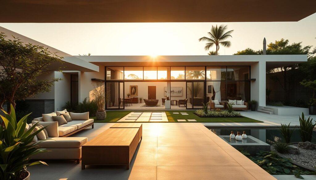 A modern villa designed with a focus on social impact, showcasing a harmonious blend of luxury and sustainability. In the foreground, a sleek, open-air terrace features comfortable seating and lush greenery, inviting communal interaction. The middle ground reveals a spacious, glass-walled living area bathed in natural light, highlighting minimalist furniture and art pieces that reflect cultural significance. The background presents a landscaped garden with native plants and a small community space, promoting a connection to nature. The scene is illuminated by warm, golden hour sunlight, casting soft shadows. Use a wide-angle lens to capture the villa’s proportions and surroundings, evoking a sense of harmony and tranquility. The overall atmosphere is inviting and progressive, reflecting the essence of revolutionary design.