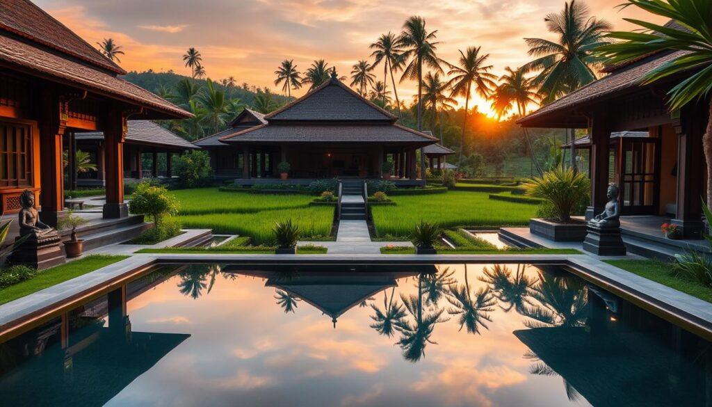 A serene Balinese villa surrounded by lush tropical gardens, showcasing traditional architecture with intricate wooden carvings and sloping thatched roofs. In the foreground, a tranquil reflection pool mirrors the villa, accented by stone statues of deities to evoke spiritual ambiance. The middle ground features carefully zoned outdoor living spaces, interconnected by pathways, each designated for relaxation, meditation, and communal gatherings. The background reveals verdant rice terraces, with palm trees silhouetted against a vibrant sunset. Soft, golden lighting casts a warm glow, enhancing the inviting atmosphere. The scene is captured from a slightly elevated angle to emphasize the harmonious spatial zoning, creating a sense of tranquility and balance in this sacred space.