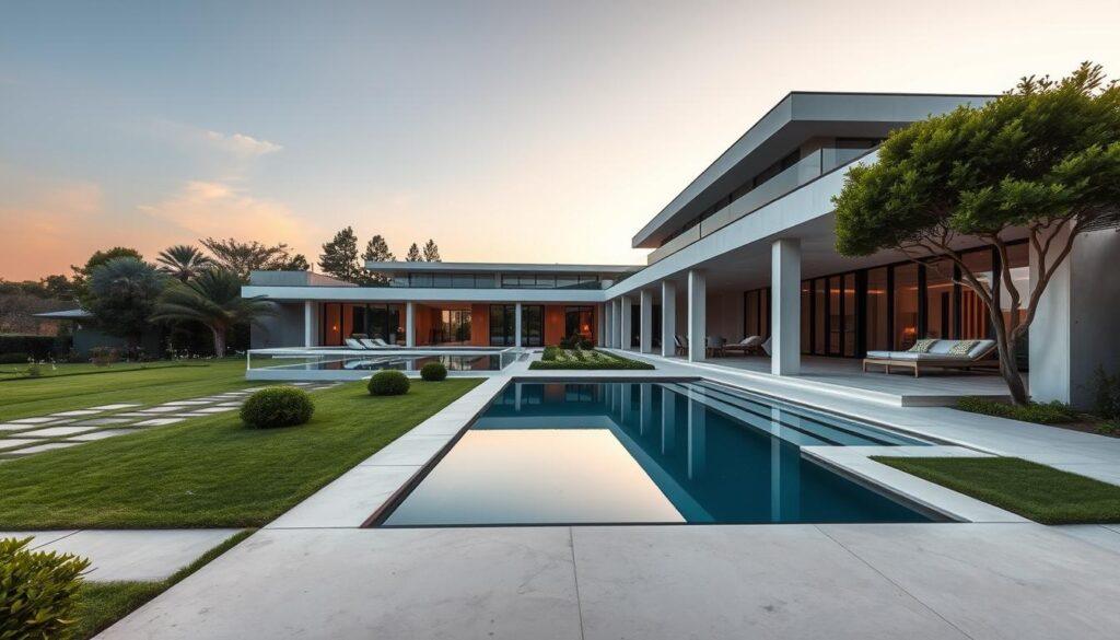 A serene villa designed with Le Corbusier's architectural principles, showcasing an elegant interplay of modernist forms and luxurious living. In the foreground, a beautifully landscaped garden with lush greenery and geometric pathways leads to the villa entrance, accentuated by a sleek pool reflecting the sky. The middle ground features the villa itself, characterized by large open spaces, pilotis (supports), horizontal windows, and a flat roof terrace. The background sets a tranquil sunset sky, creating a warm ambiance. Use soft, diffused lighting to enhance the villa's clean lines and modern materials. The angle should be slightly elevated, capturing the villa in its entirety from a slight distance, evoking a sense of luxury and spaciousness in this architectural masterpiece.