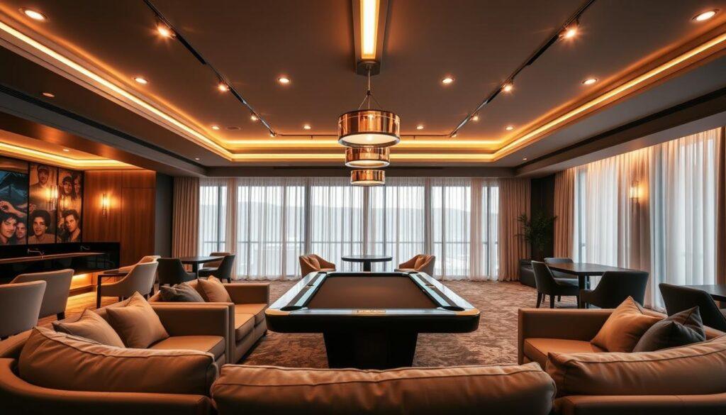 A sophisticated game room featuring a modern lighting design that enhances entertainment experiences. In the foreground, plush seating arrangements in elegant hues provide comfort and style. The middle ground showcases a large gaming table with ambient lighting accents highlighting its sleek design. Overhead, a variety of dimmable light fixtures, including LED strips and pendant lights, create a warm, inviting atmosphere. The background reveals large windows, subtly draped to filter natural light. The overall ambiance exudes luxury and excitement, with a focus on adjustable LED mood lighting. The scene is captured with a wide-angle lens to encompass the entire space, accentuating depth and inviting viewers to imagine gatherings filled with laughter and enjoyment. A sophisticated game room featuring a modern lighting design that enhances entertainment experiences. In the foreground, plush seating arrangements in elegant hues provide comfort and style. The middle ground showcases a large gaming table with ambient lighting accents highlighting its sleek design. Overhead, a variety of dimmable light fixtures, including LED strips and pendant lights, create a warm, inviting atmosphere. The background reveals large windows, subtly draped to filter natural light. The overall ambiance exudes luxury and excitement, with a focus on adjustable LED mood lighting. The scene is captured with a wide-angle lens to encompass the entire space, accentuating depth and inviting viewers to imagine gatherings filled with laughter and enjoyment.