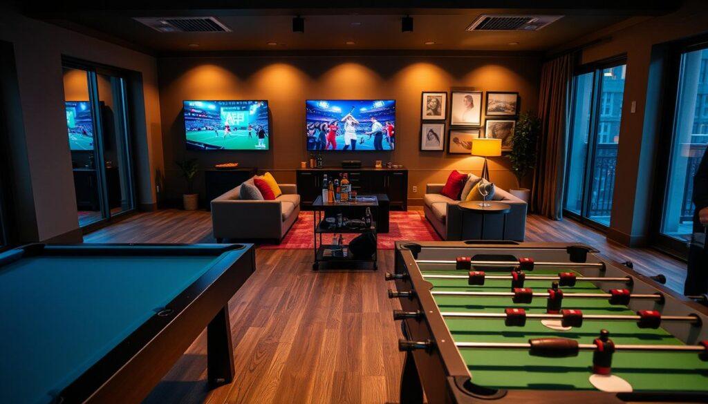 A stylish game room designed for social gatherings, featuring a sleek pool table and a modern foosball table in the foreground. In the middle, a cozy seating area with plush sofas and colorful throw pillows encourages relaxation and conversation. A bar cart stocked with drinks and snacks complements the recreational theme. The background includes a large wall-mounted TV displaying a vibrant game scene, framed by modern art pieces. Ambient lighting casts a warm glow, creating an inviting atmosphere, while large windows allow natural light to flood the space. Captured from a slightly elevated angle, this image conveys an energetic yet relaxed mood, perfect for entertainment and camaraderie among friends and family. A stylish game room designed for social gatherings, featuring a sleek pool table and a modern foosball table in the foreground. In the middle, a cozy seating area with plush sofas and colorful throw pillows encourages relaxation and conversation. A bar cart stocked with drinks and snacks complements the recreational theme. The background includes a large wall-mounted TV displaying a vibrant game scene, framed by modern art pieces. Ambient lighting casts a warm glow, creating an inviting atmosphere, while large windows allow natural light to flood the space. Captured from a slightly elevated angle, this image conveys an energetic yet relaxed mood, perfect for entertainment and camaraderie among friends and family.
