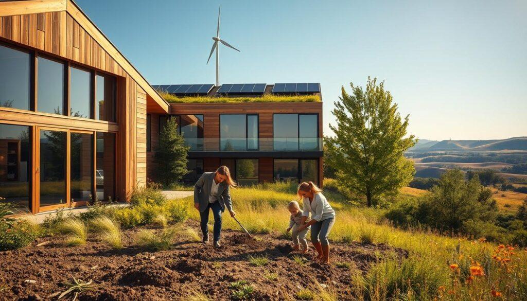 A sunlit eco-friendly home made from sustainable materials, showcasing large windows framed with reclaimed wood and a green roof adorned with native plants. In the foreground, a family in professional business attire plants a small garden, embodying community and environmental stewardship. The middle ground features the modern villa, designed with solar panels and wind turbines, blending seamlessly into the vibrant landscape of trees and wildflowers. In the background, rolling hills under a clear blue sky contrast with the sleek, organic architecture. The scene is bathed in warm, golden hour lighting, creating a serene and inviting atmosphere, emphasizing harmony between nature and technology. The image should focus on innovation and sustainability without any text or additional elements.