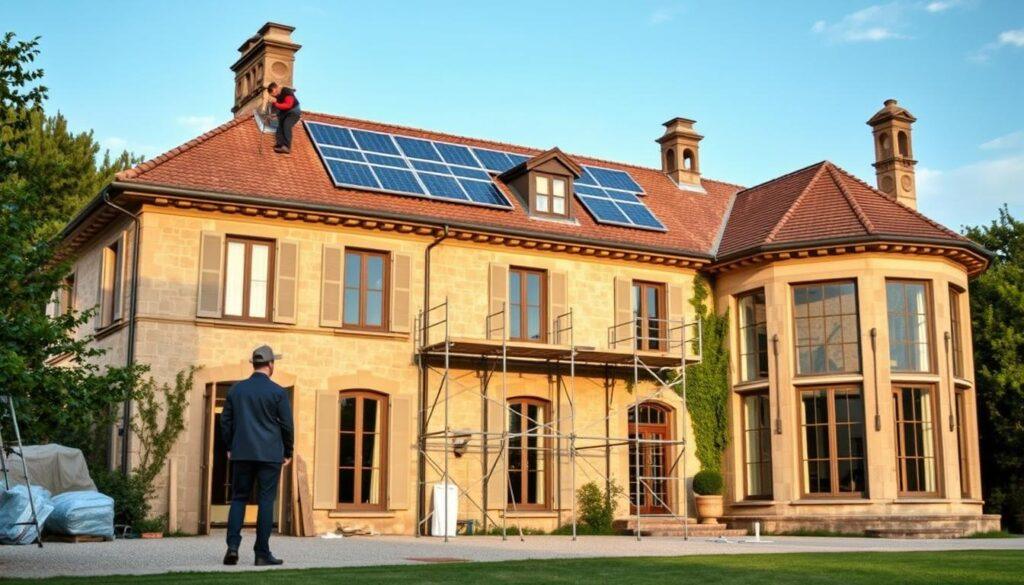 An elegant historic villa undergoing restoration, showcasing a blend of traditional architecture and modern energy-efficient upgrades. In the foreground, skilled workers in smart casual attire are installing solar panels on a sloping roof and adding insulation to large, classic windows. The middle ground features scaffolding and restoration materials, emphasizing the careful blending of old and new elements. In the background, lush greenery and a clear blue sky create an inviting atmosphere, suggesting sustainability and harmony with nature. Soft, warm lighting illuminates the scene, highlighting the textures of aged stone and the sleek lines of modern improvements. The overall mood is optimistic and transformative, capturing the essence of modernizing a classic structure while respecting its historic charm. An elegant historic villa undergoing restoration, showcasing a blend of traditional architecture and modern energy-efficient upgrades. In the foreground, skilled workers in smart casual attire are installing solar panels on a sloping roof and adding insulation to large, classic windows. The middle ground features scaffolding and restoration materials, emphasizing the careful blending of old and new elements. In the background, lush greenery and a clear blue sky create an inviting atmosphere, suggesting sustainability and harmony with nature. Soft, warm lighting illuminates the scene, highlighting the textures of aged stone and the sleek lines of modern improvements. The overall mood is optimistic and transformative, capturing the essence of modernizing a classic structure while respecting its historic charm.