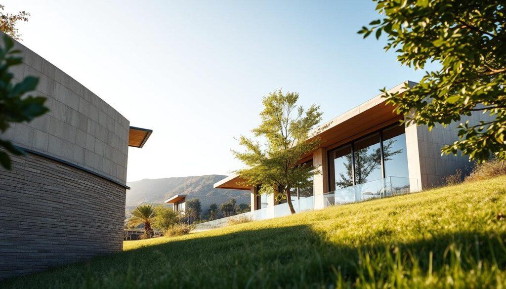 A contemporary eco-sustainable villa nestled in a lush landscape, showcasing advanced envelope strategies. In the foreground, a sleek, high-R assembly wall with natural stone cladding, featuring integrated shading elements. The middle ground reveals large, high-performance glazed windows that enhance natural light while minimizing heat gain, surrounded by strategically placed greenery for shading. In the background, soft hills and a clear blue sky create a serene atmosphere. The scene is bathed in warm, soft sunlight, emphasizing eco-friendly materials and luxury design. Capture the villa from a low-angle perspective, highlighting its modern lines and luxurious finishes, conveying a harmonious blend of nature and sophisticated architecture. A contemporary eco-sustainable villa nestled in a lush landscape, showcasing advanced envelope strategies. In the foreground, a sleek, high-R assembly wall with natural stone cladding, featuring integrated shading elements. The middle ground reveals large, high-performance glazed windows that enhance natural light while minimizing heat gain, surrounded by strategically placed greenery for shading. In the background, soft hills and a clear blue sky create a serene atmosphere. The scene is bathed in warm, soft sunlight, emphasizing eco-friendly materials and luxury design. Capture the villa from a low-angle perspective, highlighting its modern lines and luxurious finishes, conveying a harmonious blend of nature and sophisticated architecture.